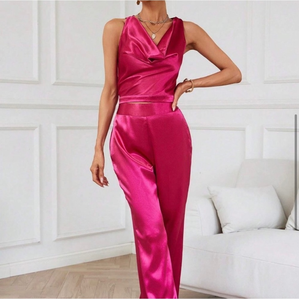 Pink Preppy Womens Solid Draped Collar Satin Blouse & Pants